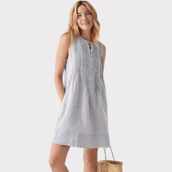 Faherty Isha Dress Blue Mini Stripe Linen Sleeveless V Neck Size Medium Pockets - Picture 1 of 13